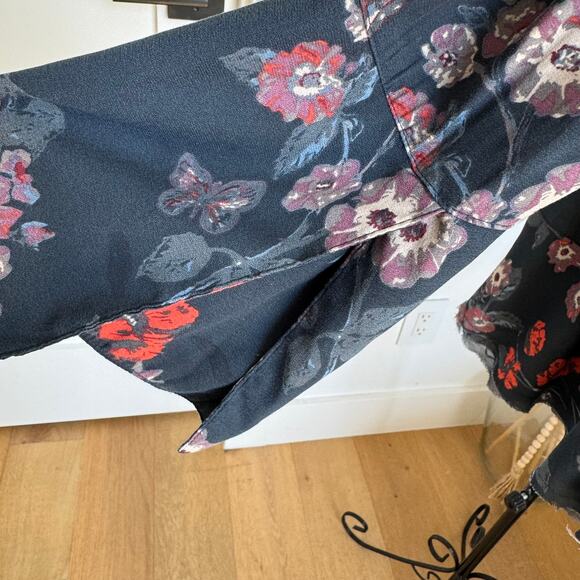 Free People Pebble Crepe So Fine Smocked Tunic Top Floral Gray Frayed Hem Small - Picture 8 of 15